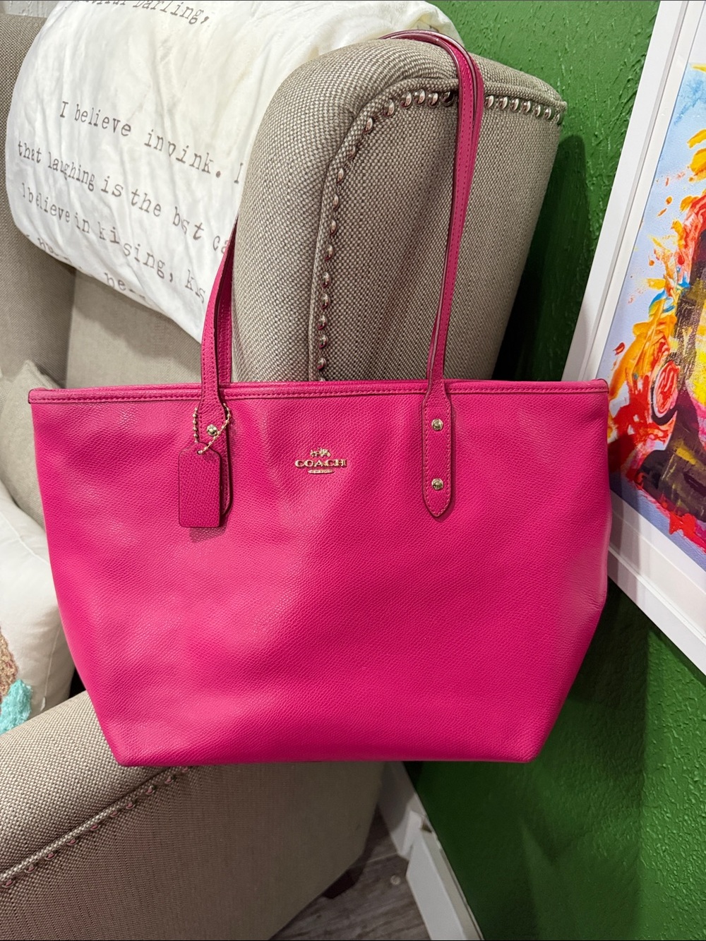 Coach Hot Pink Leather Tote with Gold Logo